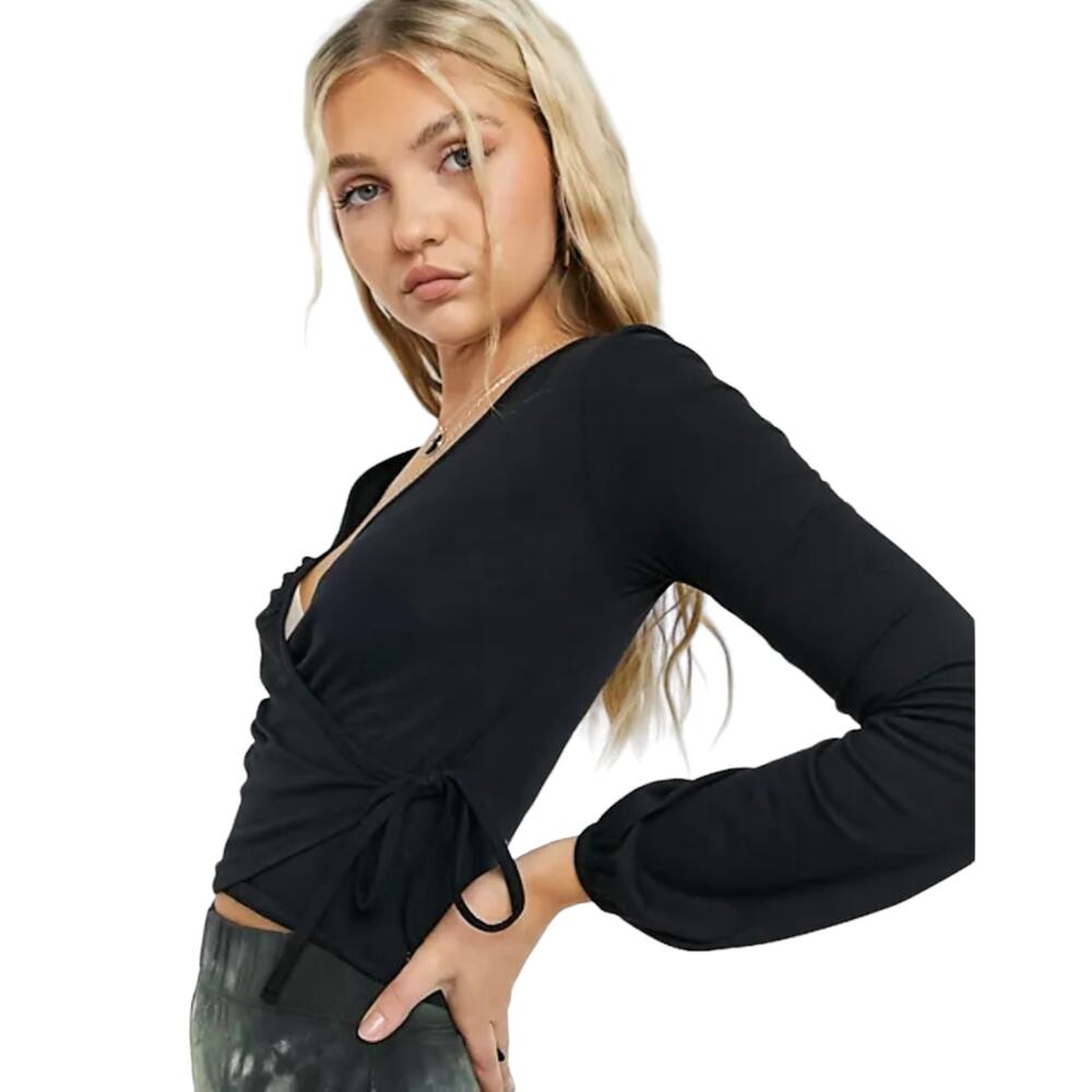 Topshop Ballet Wrap Cotton Lycra Long Sleeve Top in Black